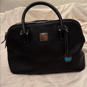 Dooney & Bourke Black Pebbled Leather Dome Satchel with Turquoise Charm